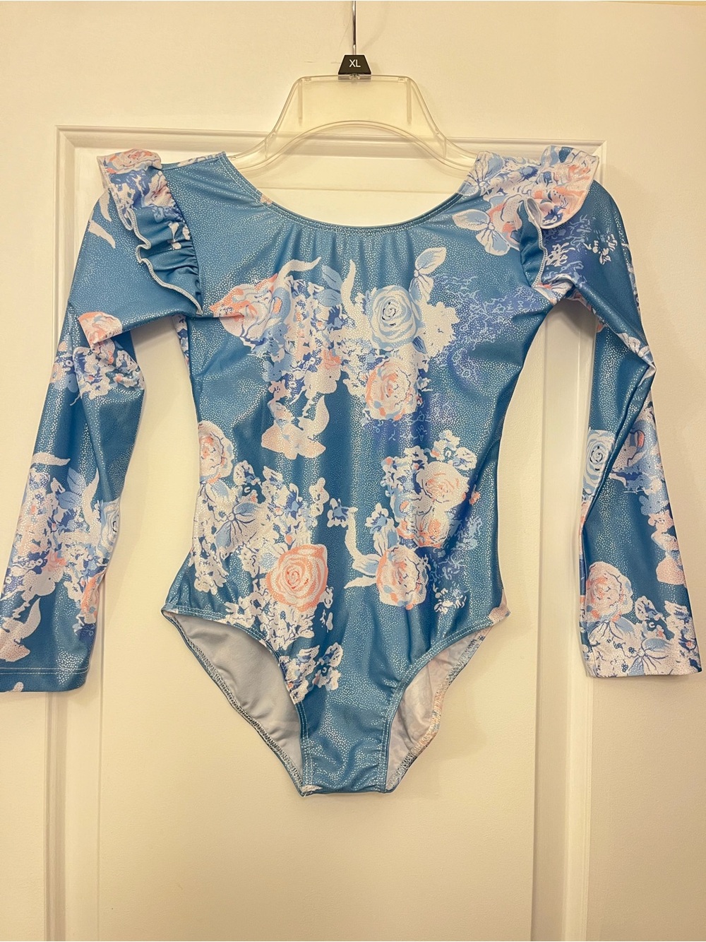 NWT Dance Gymnastics Blue Floral Long Sleeve Child Leotard with Ruffle Shoulders